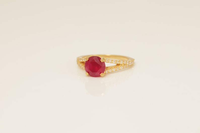 Split Shank Ruby Engagement Ring, July Birthstone Ring, Diamond Halo Anniversary Ring, Bridal Promise Ring Gift for Her